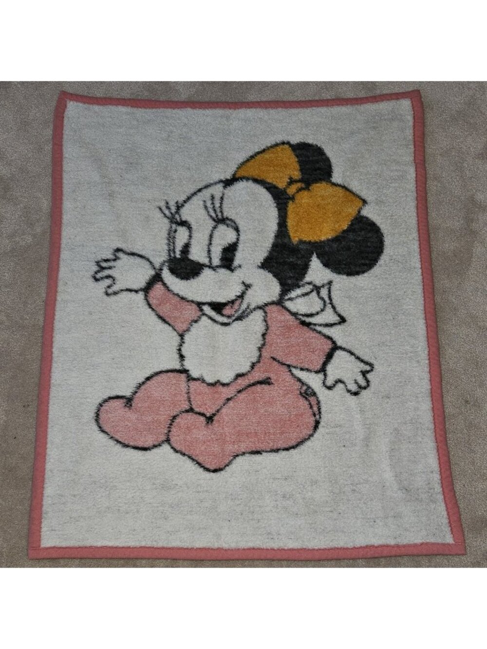 VTG 1984 Biederlack Disney Minnie Mouse Baby Blanket Throw 28x34 White Pink